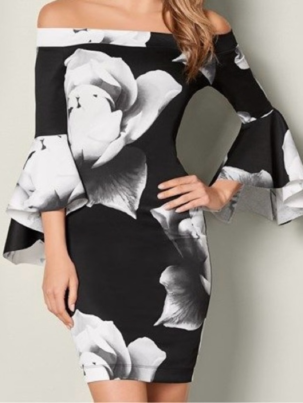 VENUS Floral Bell-Sleeve Off-Shoulder Scuba Bodycon Dress